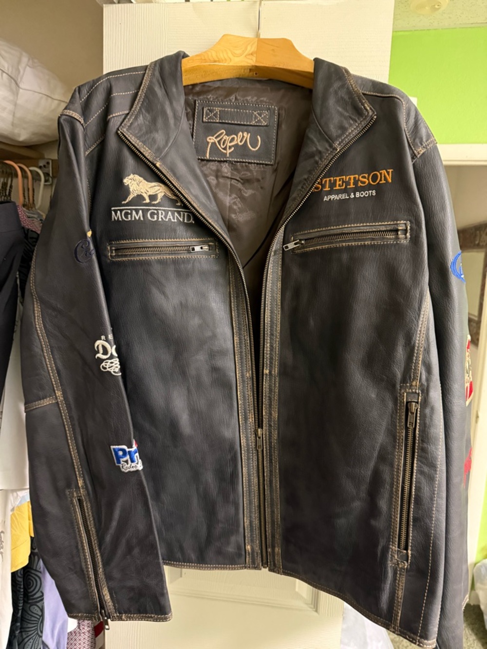 Stetson Black Embroidered Leather Bomber Jacket
